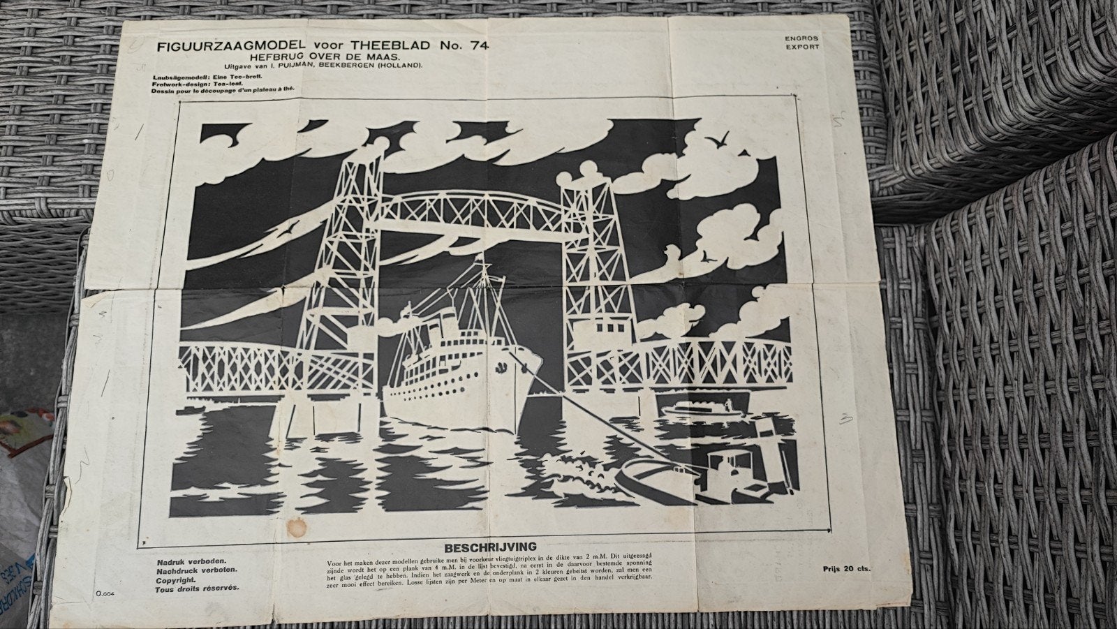Vintage Figuurzaagmodel Hefbrug over de Maas - Theeblad No., Hobby en Vrije tijd, Gebruikt, Gebouwen, Meerkleurig, Ophalen of Verzenden