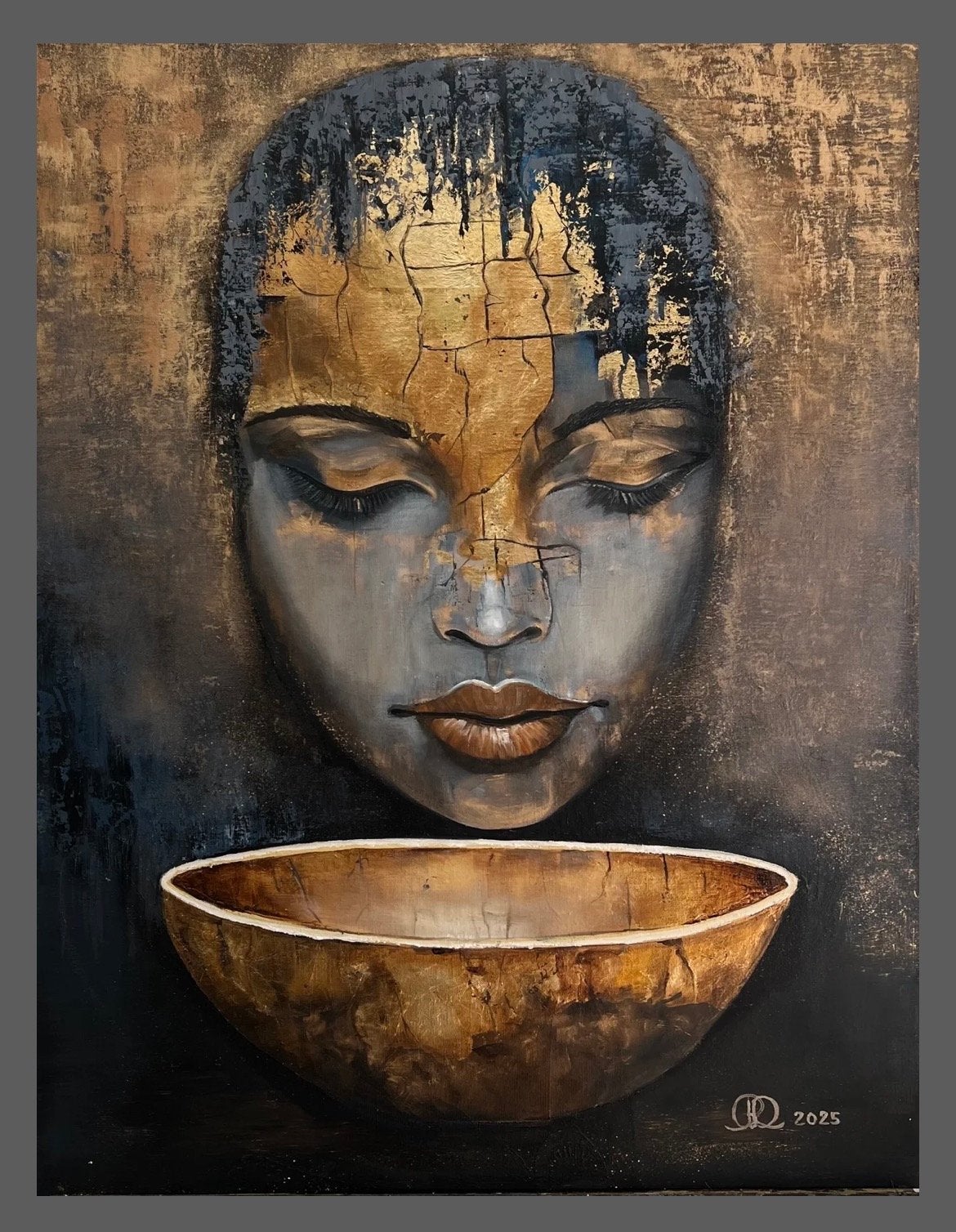Olieverf schilderij "Het Gouden Gelaat" op linnen, 90x70cm, Ophalen