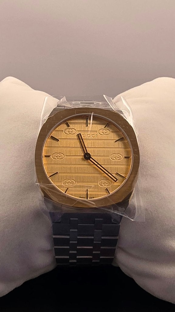 Gucci 25H Gouden Heren Horloge - Nieuw met Doos en Papieren, Overige merken, Staal, Polshorloge, Nieuw