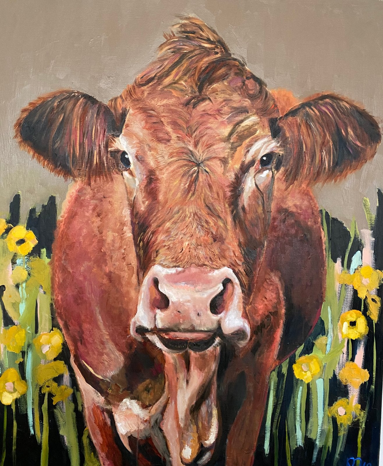 Olieverfschilderij koe, Antiek en Kunst, Ophalen, Overige materialen, Gesigneerd, Dieren