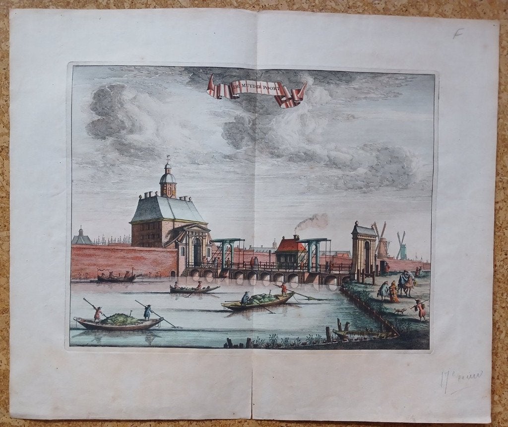 Amsterdam Muyderpoort ingekleurde gravure Commelin 1693, Verzenden, Stadsgezicht, Handgekleurd, 1600 - 1699