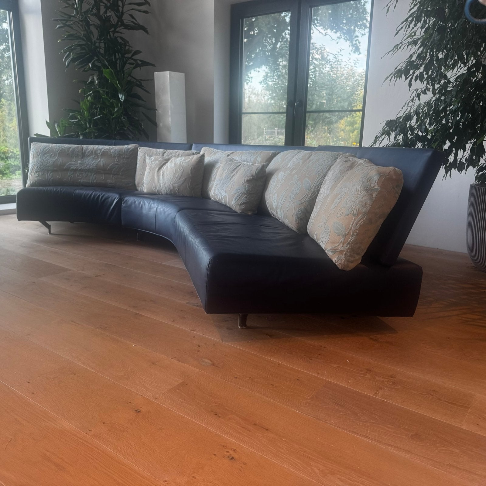 Design bank Montis Baku 3 delig blauw leer, extra set poten, Huis en Inrichting, Gebruikt, Hoekbank, 300 cm of meer, Ophalen of Verzenden