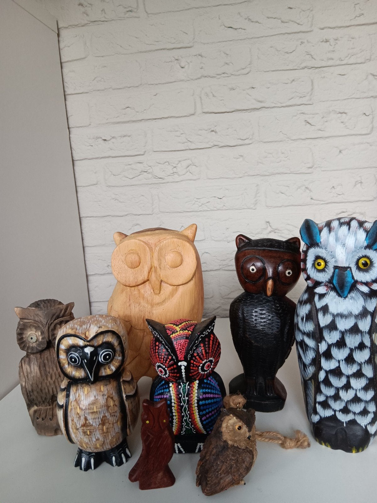 8 houten uilen, Verzamelen, Ophalen of Verzenden, Zo goed als nieuw, Dier