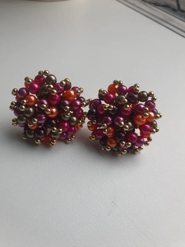 Vintage Statement Clip Oorbellen Paarse Oranje Parelkralen, Ophalen of Verzenden, Zo goed als nieuw, Oranje, Overige materialen