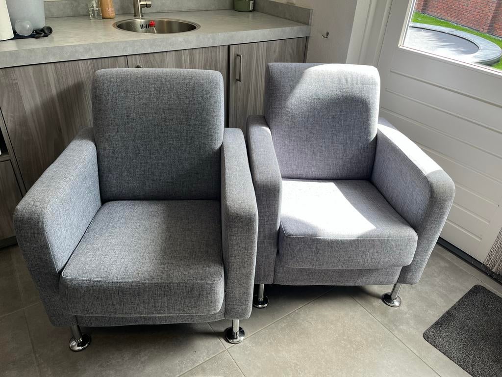 Set van 2 grijze stoffen fauteuils, Huis en Inrichting, 75 tot 100 cm, Ophalen of Verzenden, Zo goed als nieuw, Stof