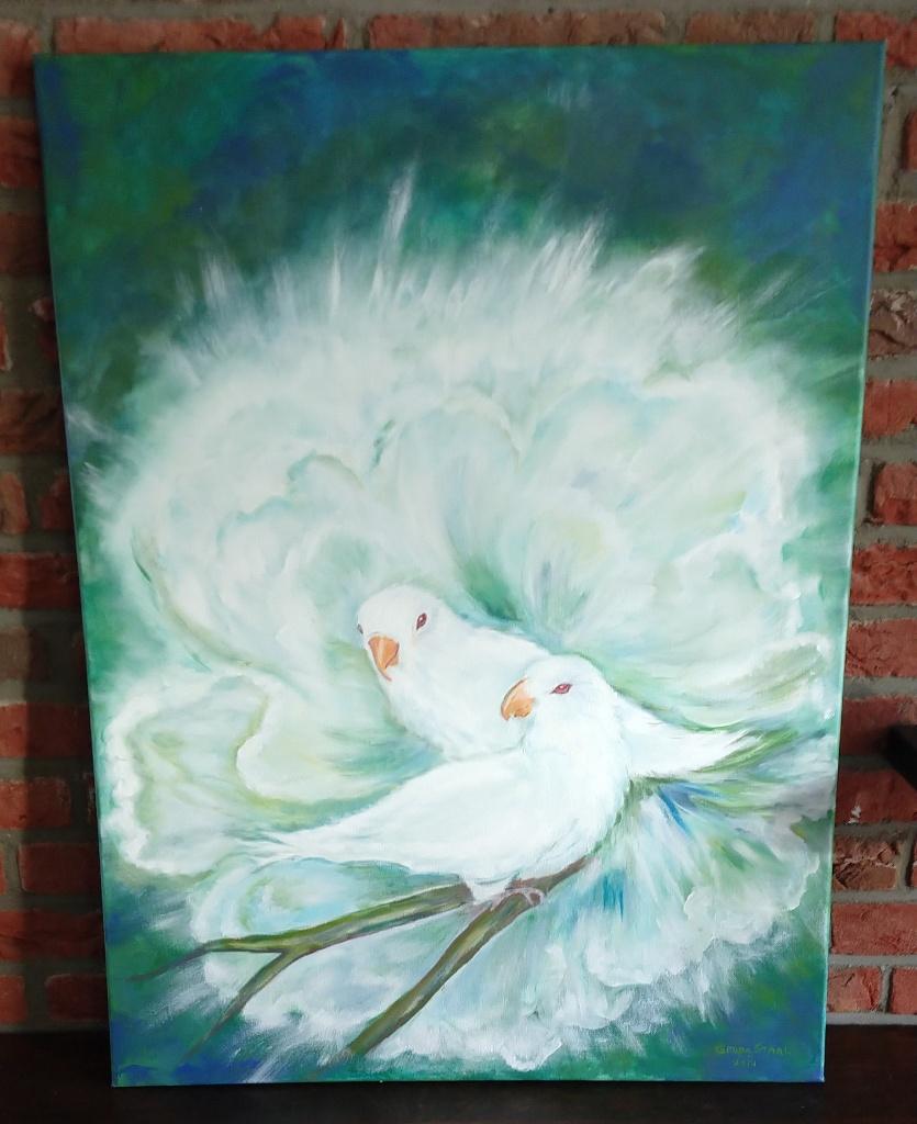 verf schilderij Love Albino Birds, volgnr 18, Antiek en Kunst, Kunst | Schilderijen | Klassiek, Ophalen