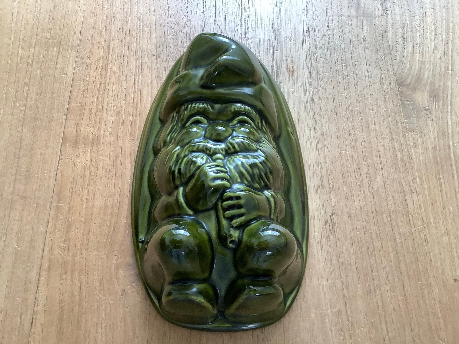 Vintage kabouter bakvorm/wanddecoratie - Groen keramiek, Groen, Vintage, Gebruikt, Ophalen of Verzenden