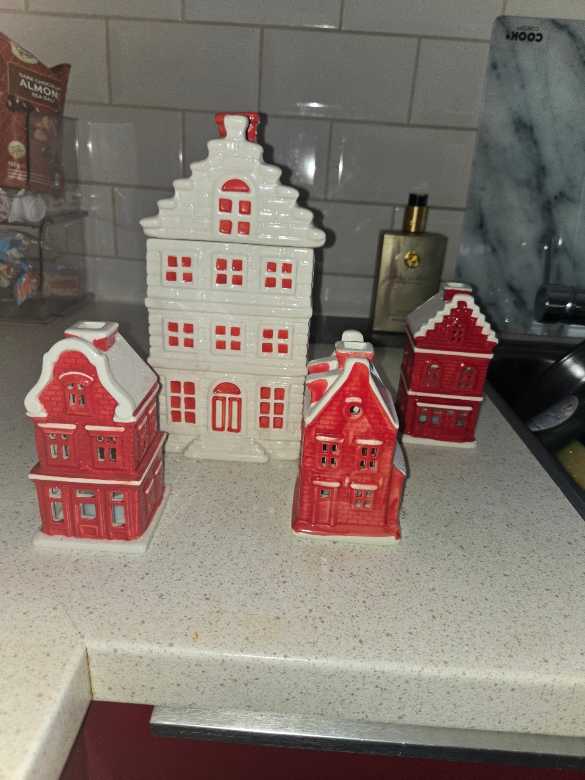 koektrommel/voorraadpot postcodeloterij en 3 huisjes, Ophalen, Meerkleurig, Steen/keramiek, Klassiek