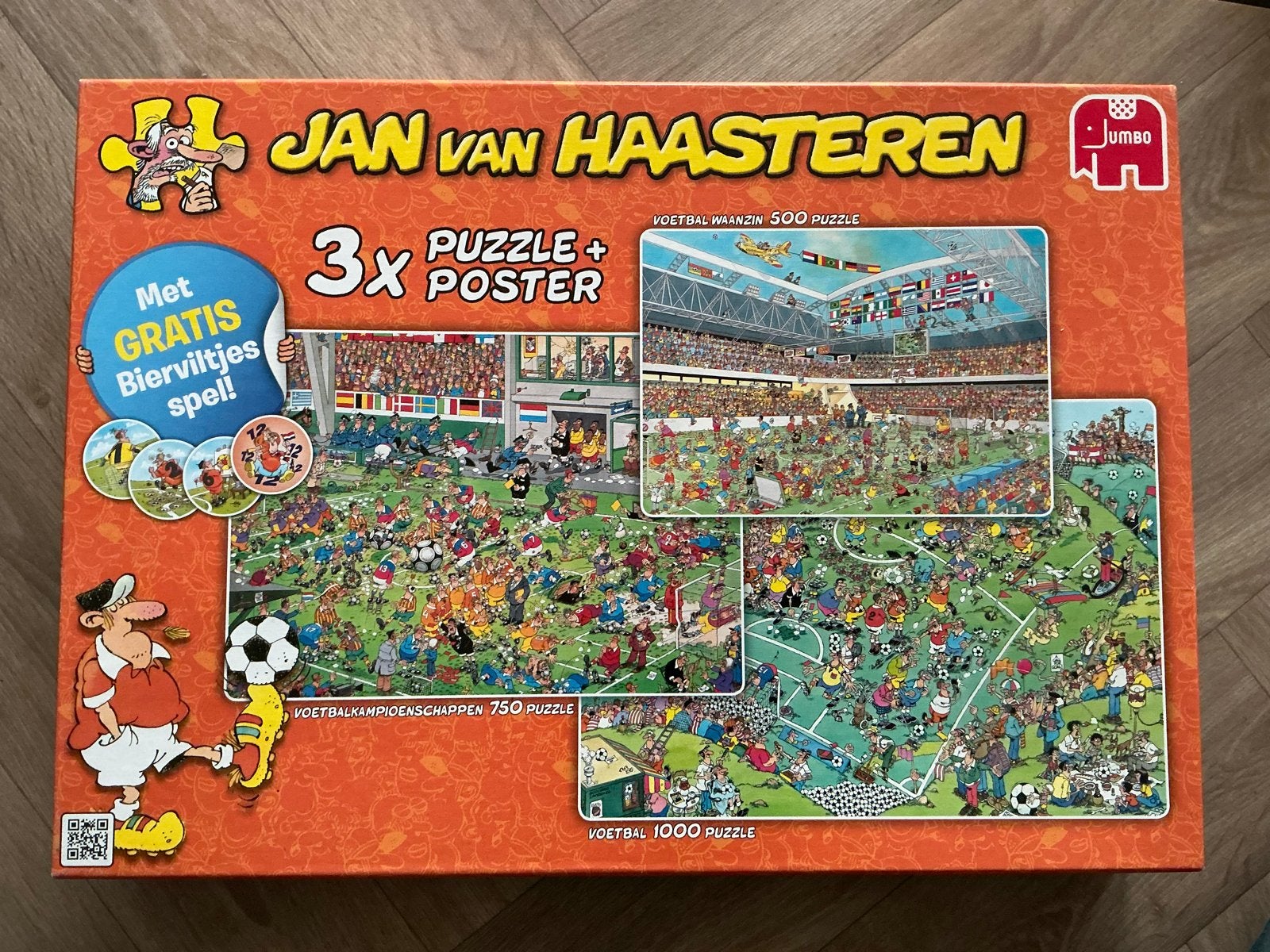 Jan van Haasteren Voetbal Puzzels (3x) + Bierflesjes Spel, Ophalen of Verzenden, 500 t/m 1500 stukjes, Zo goed als nieuw, Legpuzzel