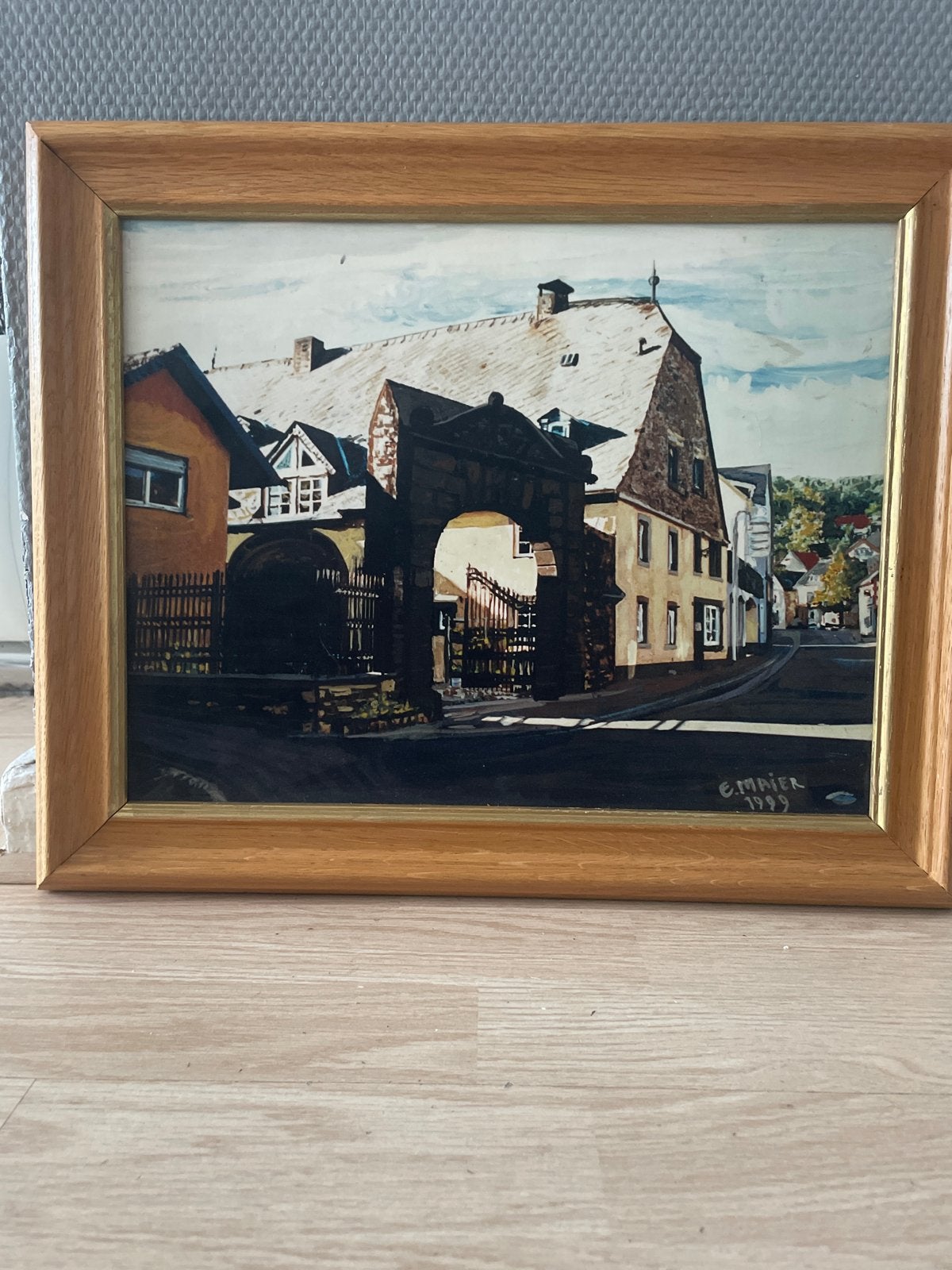 Schilderij van E. Maier - Stadsgezicht met poort, Antiek en Kunst, Paneel, Realistisch, Ophalen of Verzenden, Gesigneerd