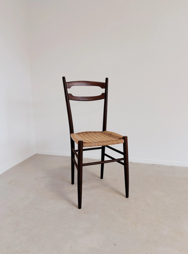 VINTAGE HOUTEN STOEL MET GEWEVEN ZITTING | GIO PONTI STIJL, Huis en Inrichting, Stoelen, Ophalen, -, Zo goed als nieuw, Hout