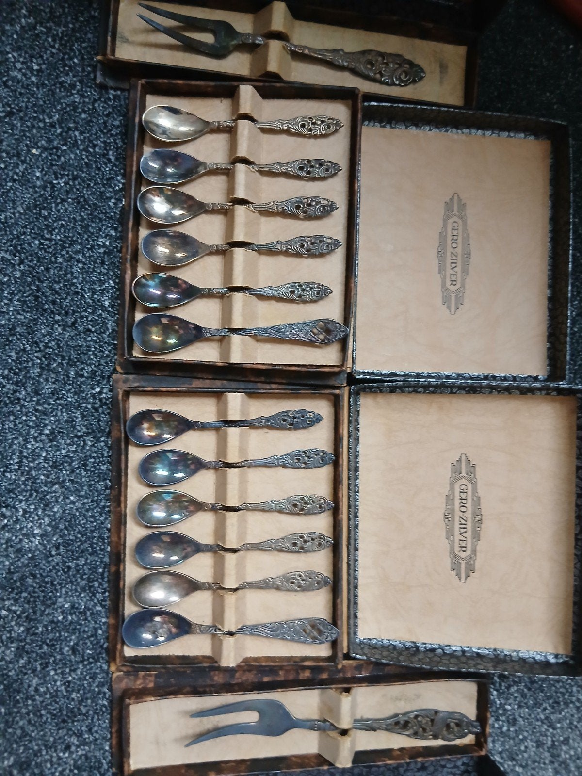 Antieke Gero-Zilver Lepeltjes en Vleesvorkjes in Doos, Antiek en Kunst, Ophalen of Verzenden