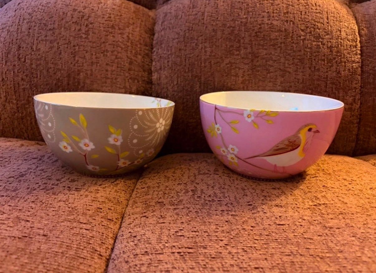 2 Pip Studio ‘Early Bird’ kommen khaki/roze, Pip Studio, Ophalen of Verzenden, Zo goed als nieuw, Kom(men)