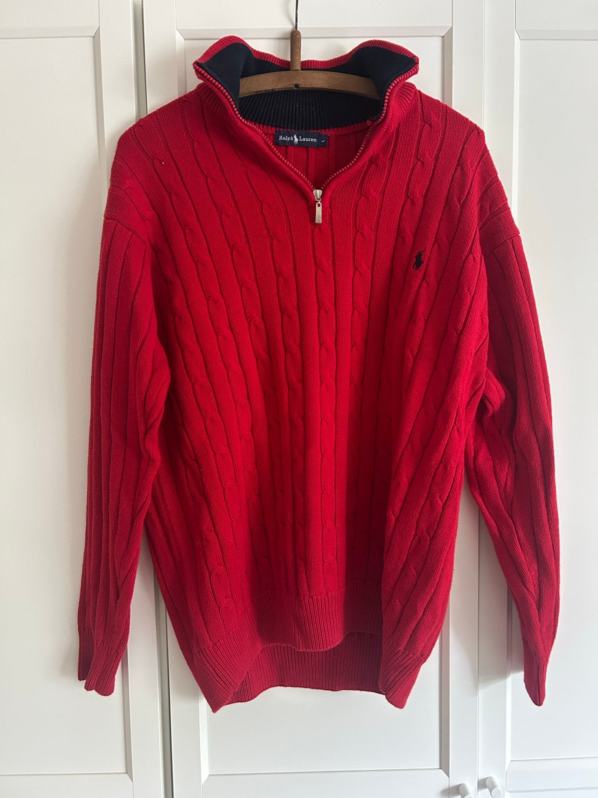 Vintage Rode Ralph Lauren Half Zip Kabeltrui, Ophalen of Verzenden, Gedragen, Maat 52/54 (L), Rood
