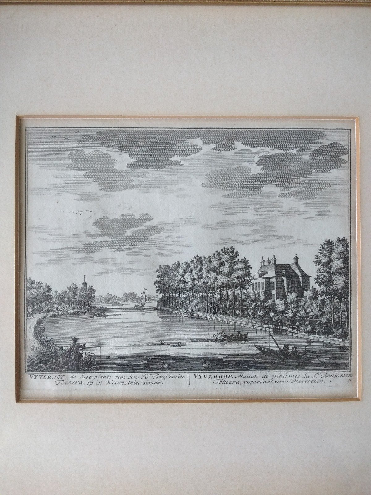 18e eeuwse gravure buitenplaats Vijverhof aan de Vecht., Antiek en Kunst, Kunst | Etsen en Gravures, Ophalen of Verzenden