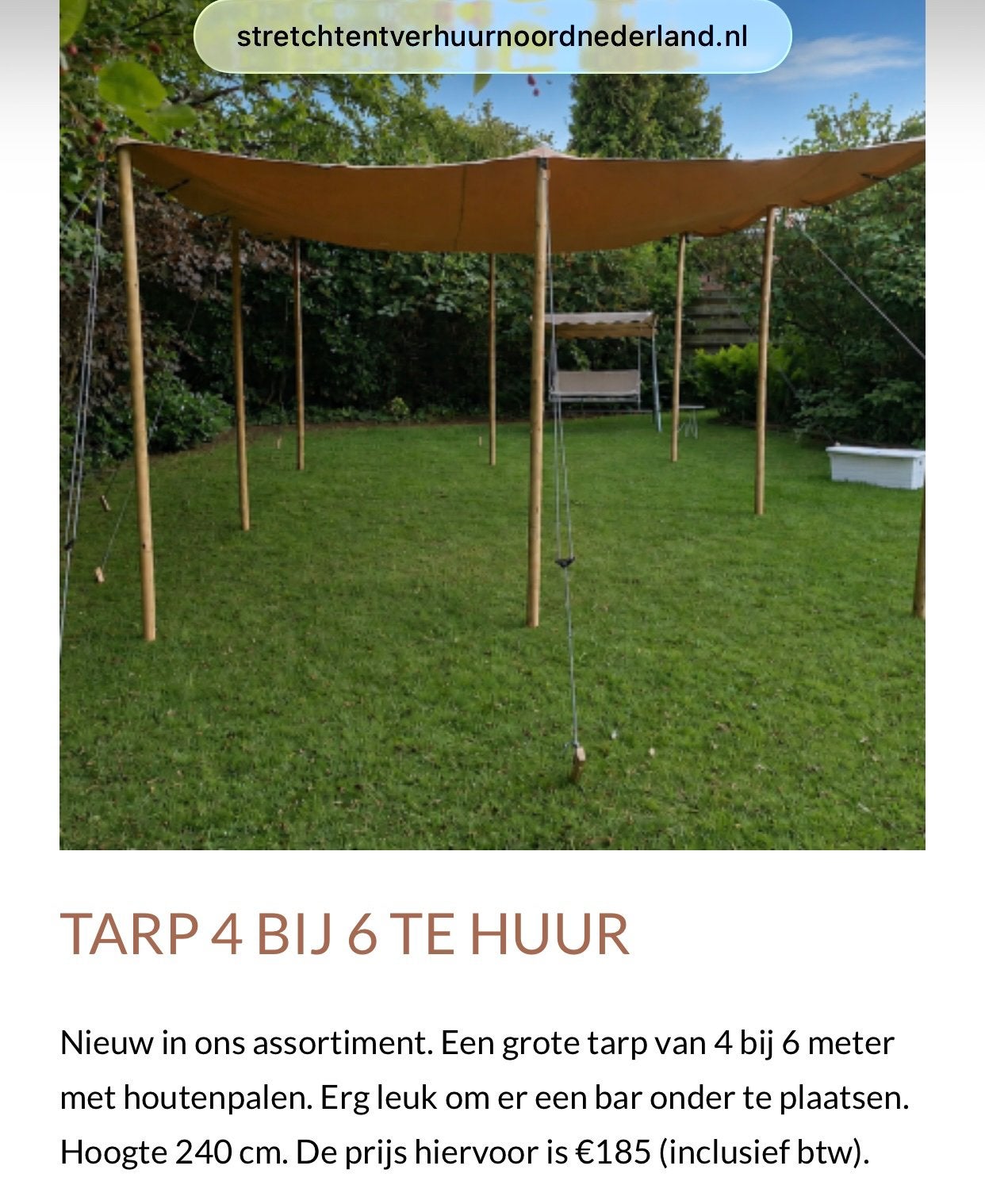 Grote tarp te huur - Lang weekend!, Ophalen, Zo goed als nieuw, Overige