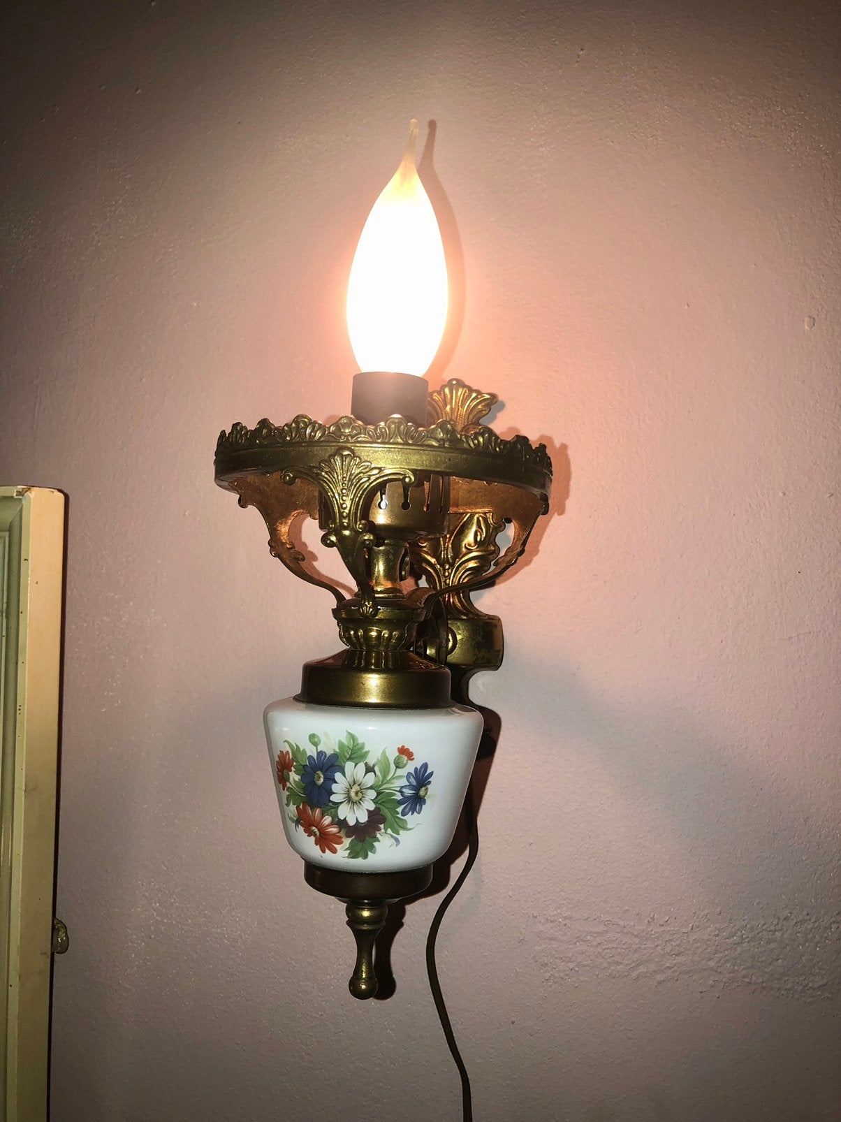 Prachtige vintage wandlamp, messing, antiek, Ophalen of Verzenden, Zo goed als nieuw, Glas