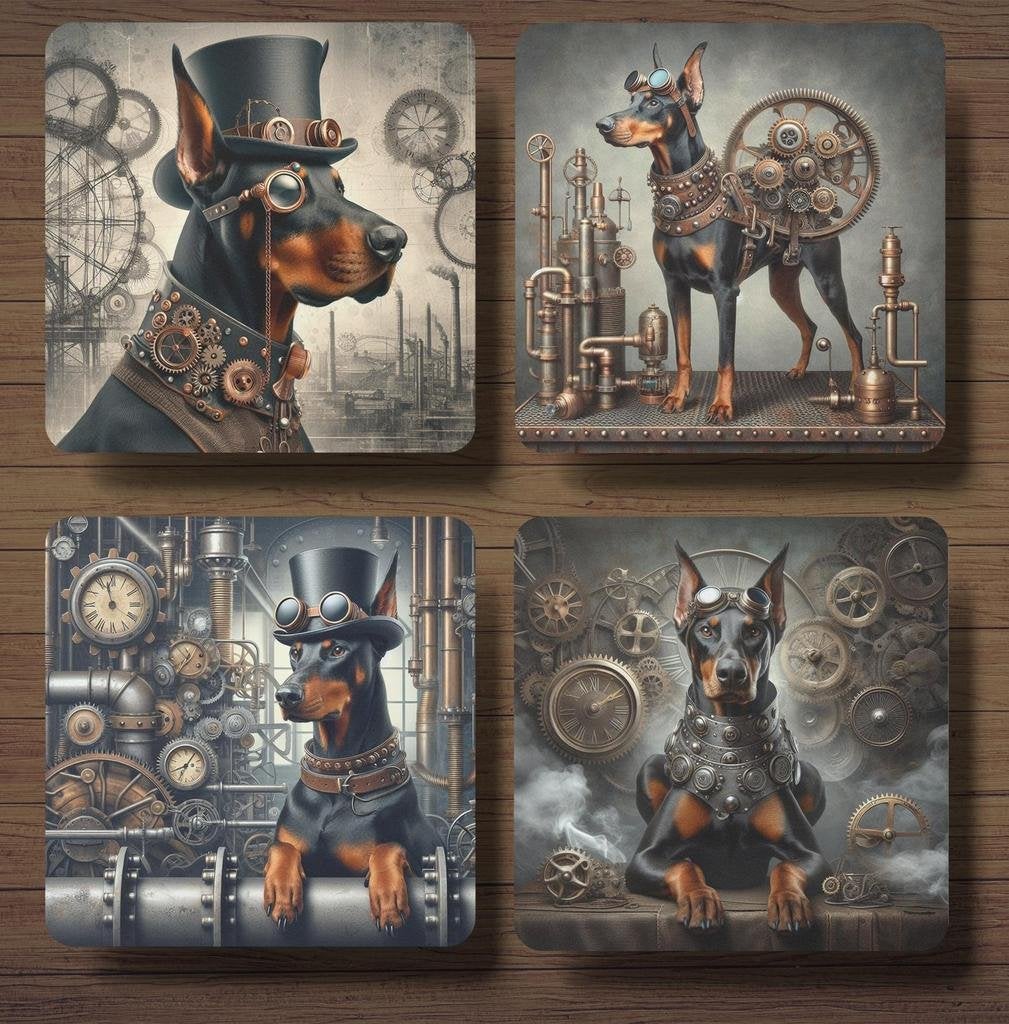 Dobermann Steampunk onderzetters met houder, Ophalen of Verzenden, Nieuw