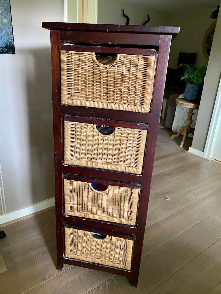 Teak kastje met rieten mandjes, Ophalen, Gebruikt, 100 tot 150 cm, Teakhout