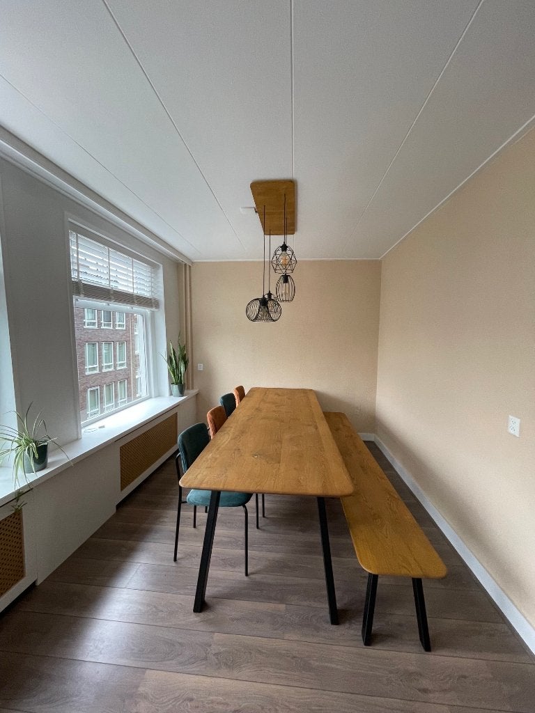 Massief eikenhouten eettafel (280cm) + bijpassend bankje, Gebruikt, Eikenhout, 200 cm of meer, Vijf personen of meer