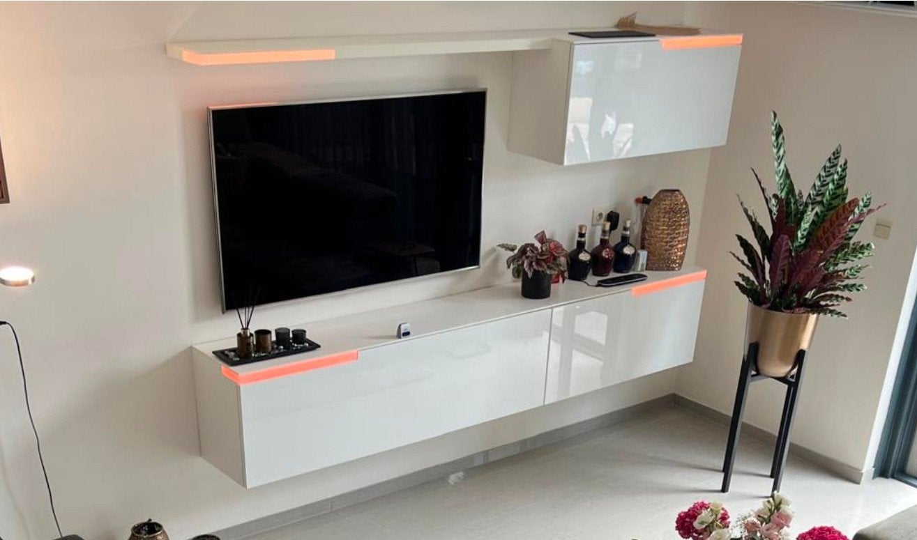 Moderne TV-wandmeubel met LED-verlichting - Wit hoogglans, Ophalen of Verzenden