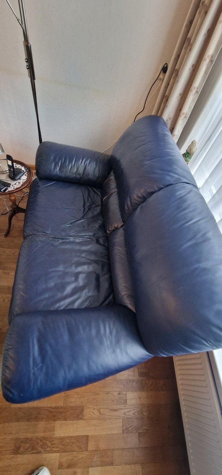 Comfortabele blauwe leren bank, Ophalen, Gebruikt, Tweepersoons, Rechte bank