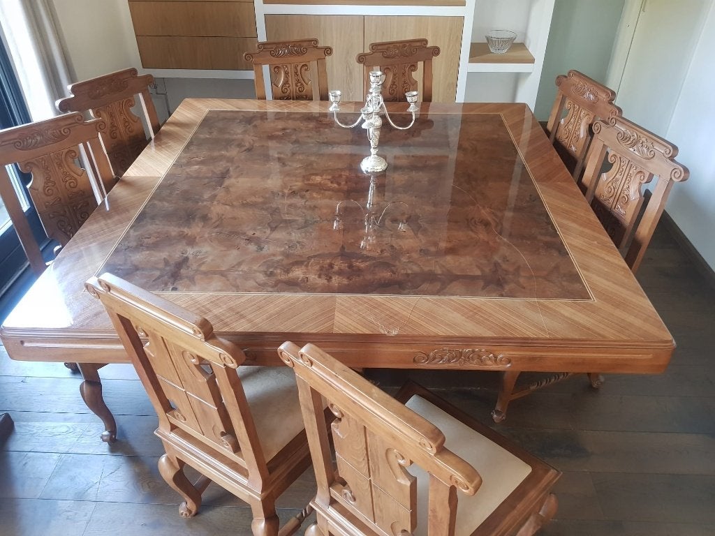 Unieke handgemaakte luxe eettafel 180180 cm met 8 stoelen, Huis en Inrichting, Tafels | Eettafels, Ophalen, 150 tot 200 cm, Vierkant