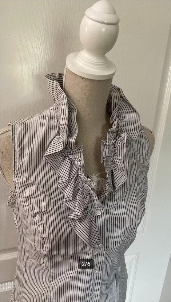 Blouse met roezel Grijs Wit gestreept Promiss Maat 40, Maat 38/40 (M), Promiss, Ophalen of Verzenden, Zo goed als nieuw