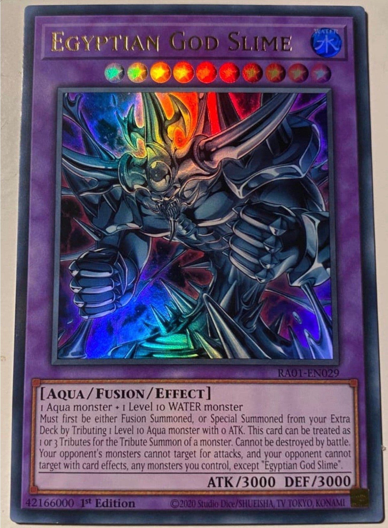 Yu-Gi-Oh! Egyptian God Slime RA01 1st Edition !, Ophalen of Verzenden, Zo goed als nieuw, Losse kaart, Foil