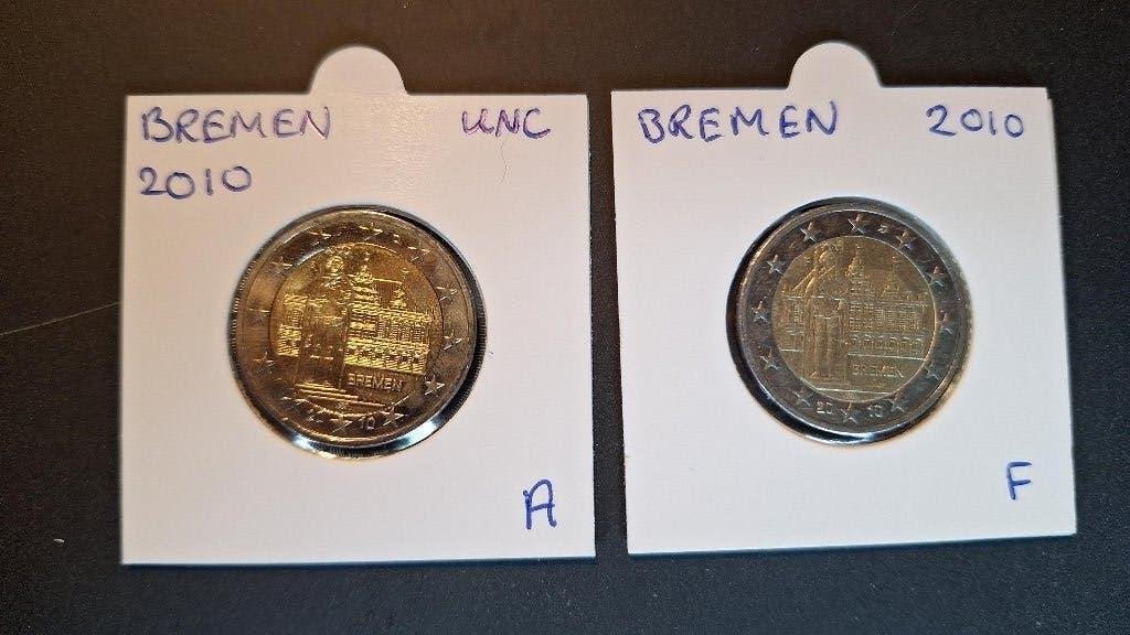 2 euromunten Duitsland 2010 Bremen A en F, Ophalen of Verzenden, Duitsland, 2 euro, Setje