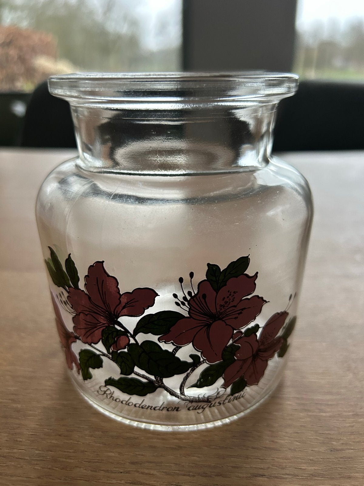 Glazen vaas met bloemmotief - Rhododendron augustinii, Ophalen, Gebruikt, Met patroon/structuur, Transparant