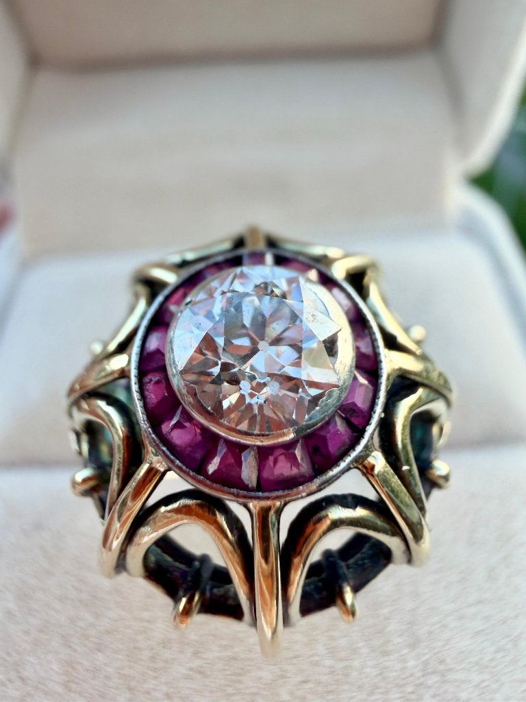 Prachtige ring van 14k goud, 1.24ct diamant & robijnen, Sieraden, Tassen en Uiterlijk, Ringen, Ophalen of Verzenden, Zo goed als nieuw