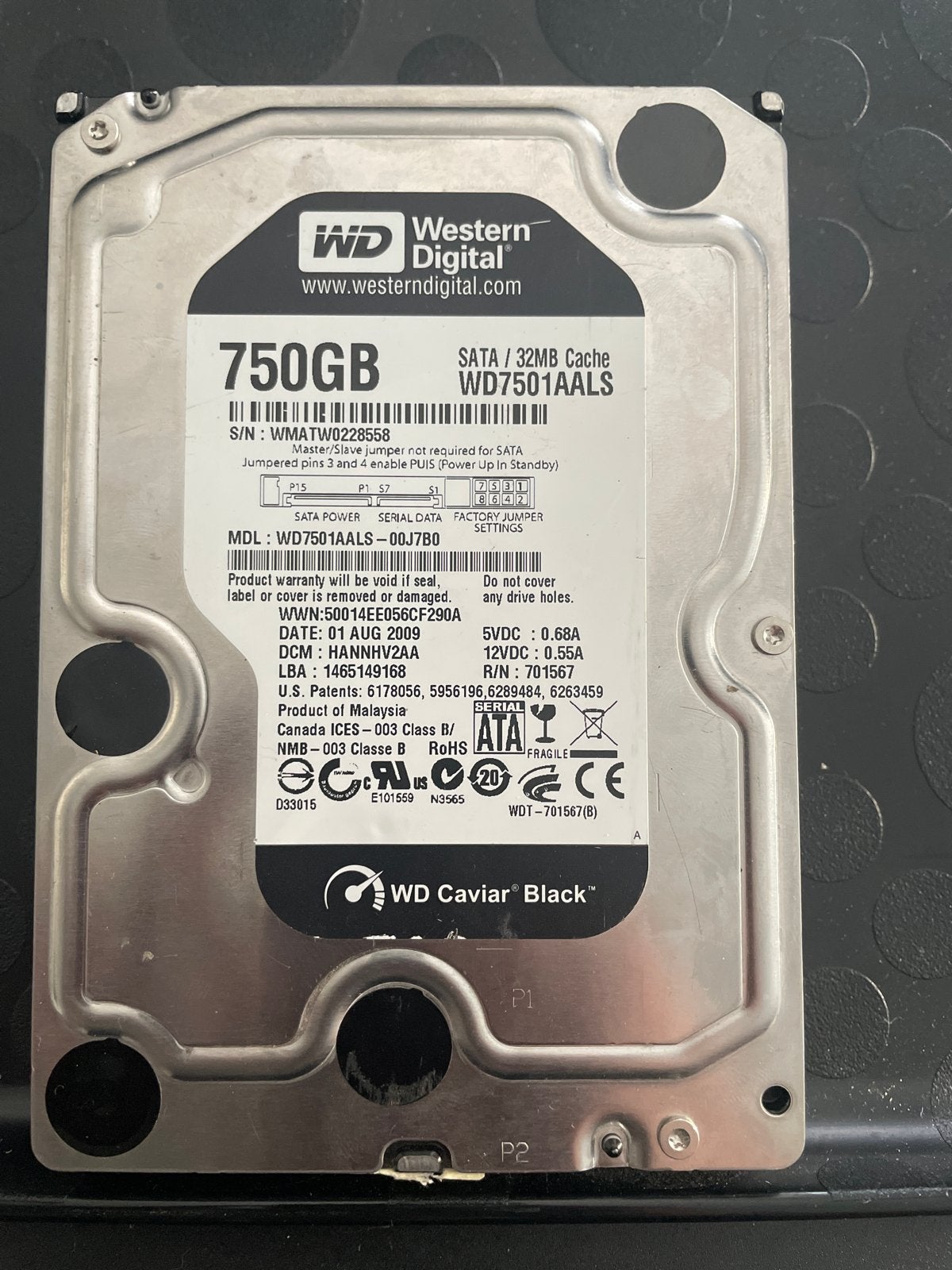Western Digital Caviar Black 750GB HDD SATA, Computers en Software, Harde schijven, Intern, Gebruikt, Server, Ophalen of Verzenden