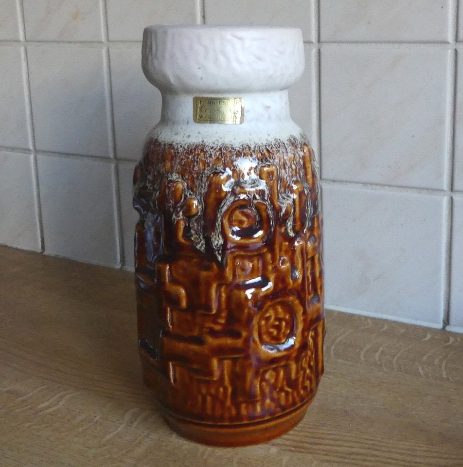 Carstens 4277-22 vintage vaas West-Germany bruin wit, Gebruikt, Wit, Ophalen of Verzenden, 22 cm