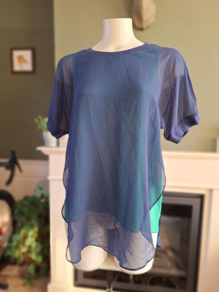 Blauw groen Cop Copine top shirt 2 in 1 look 40 M, Maat 38/40 (M), Cop Copine, Zo goed als nieuw, Korte mouw