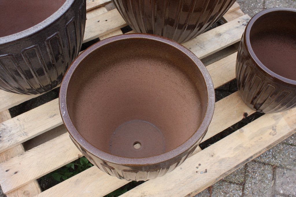 Geglazuurde aardewerk bloempotten bruin (4 maten) terras, Tuin en Terras, Ophalen, 40 cm of meer, Rond, Nieuw