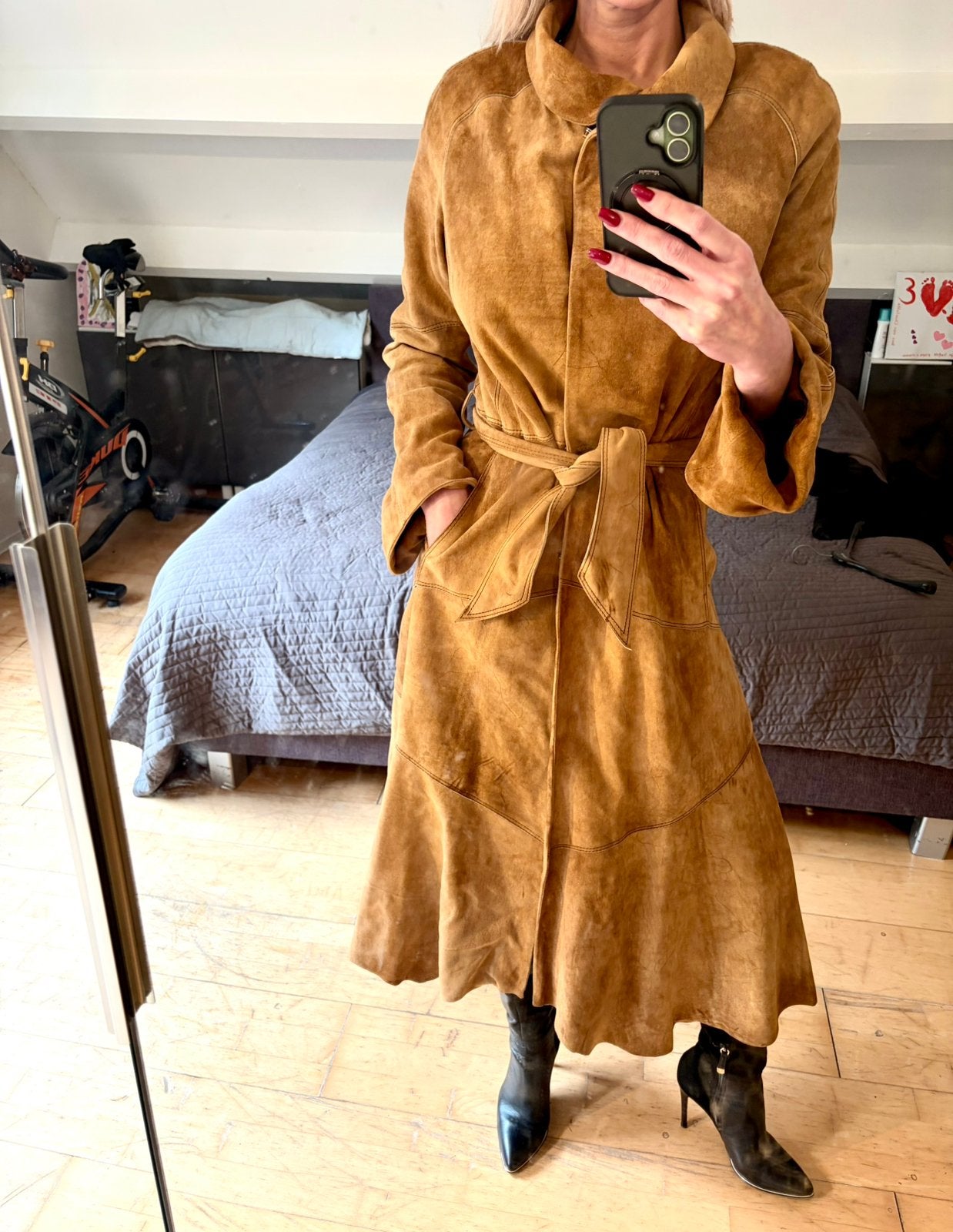Rizal echte suede trenchcoat cognac S/M, Kleding | Dames, Verzenden, Zo goed als nieuw, Maat 36 (S), Bruin