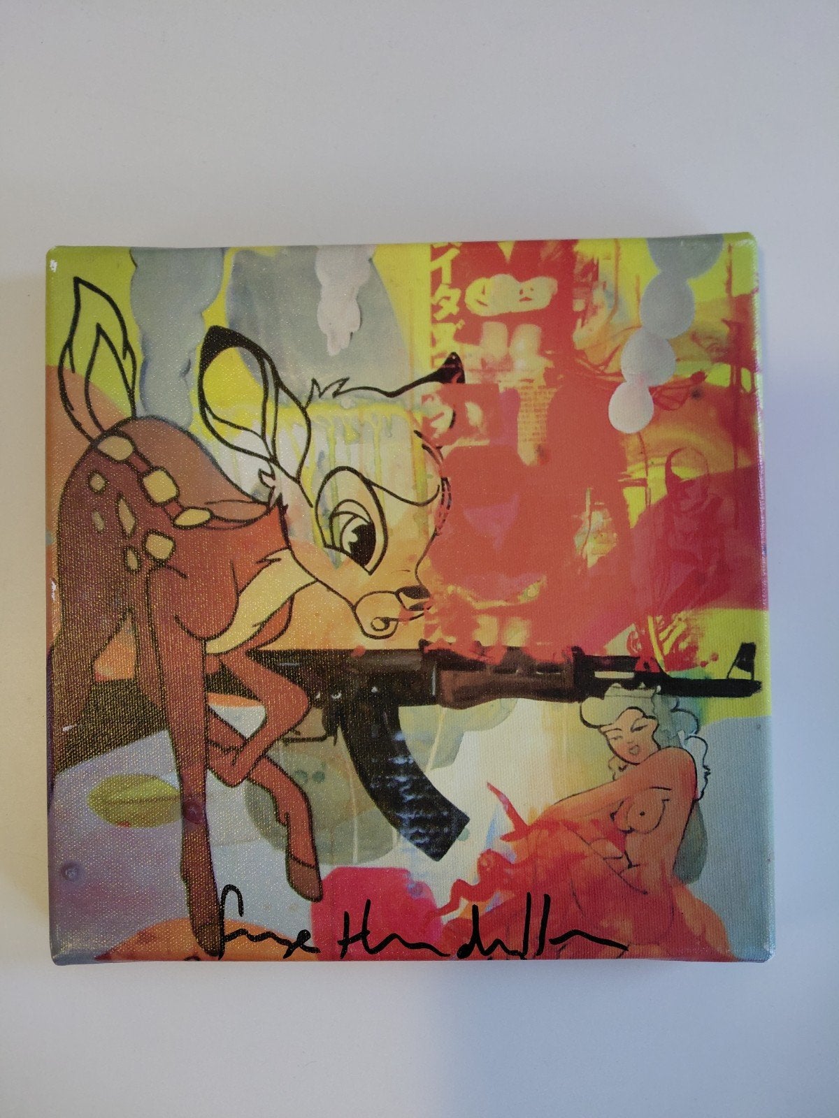 Dillon Boy - Bambi AK-47 - Gelim. Street Art Canvas (25/50), Ophalen of Verzenden, Gemengde techniek, Gelimiteerde oplage, Stripfiguren/cartoons