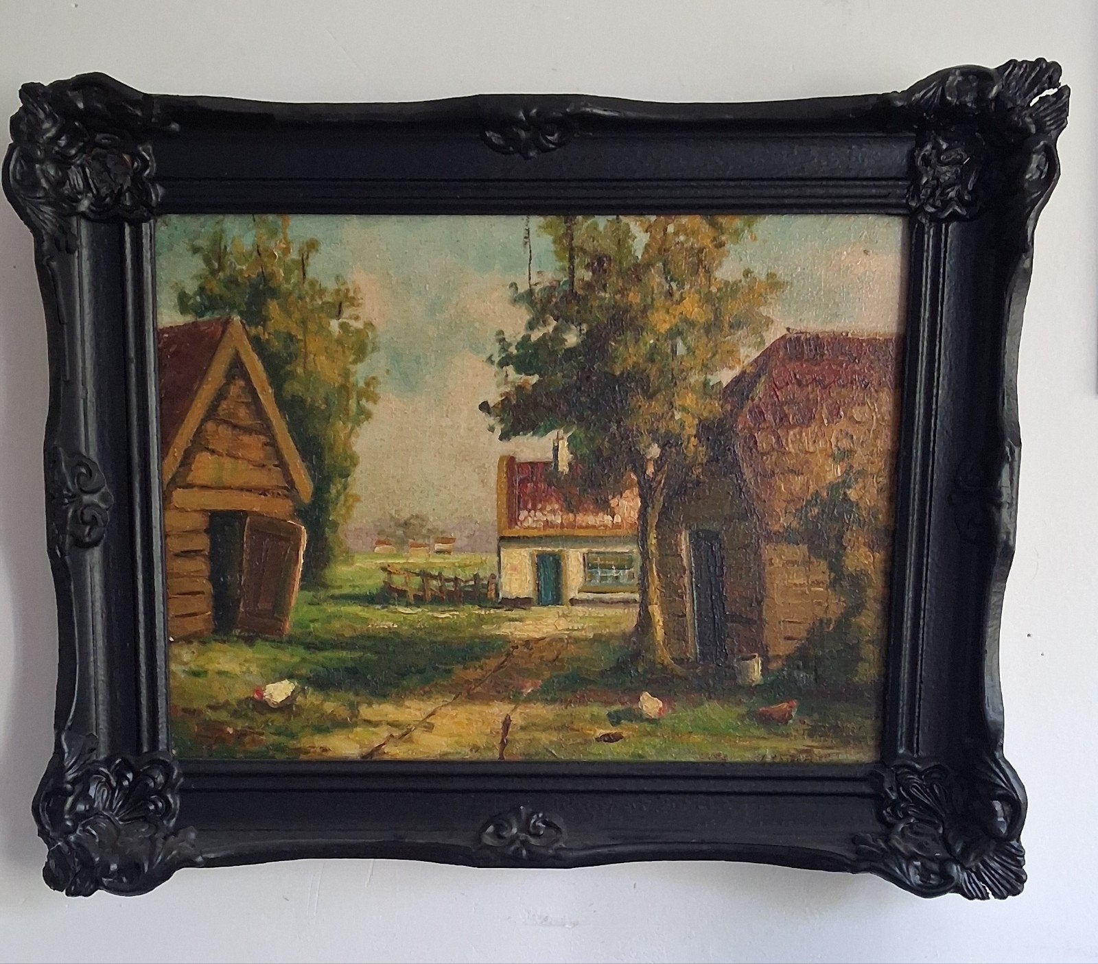 Rustieke hoeve in ochtendlicht. Ca 1850/1900. 51/41 cm., Antiek en Kunst, Doek, Oud hollands, Ophalen of Verzenden, Handgeschilderd