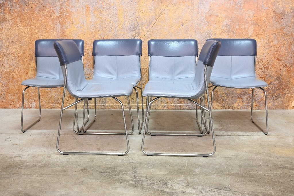 ZGANieuw! 6 blauwe leren Leolux Ditte design eetkamerstoelen, Leolux, Leolux, Blauw, Ophalen of Verzenden