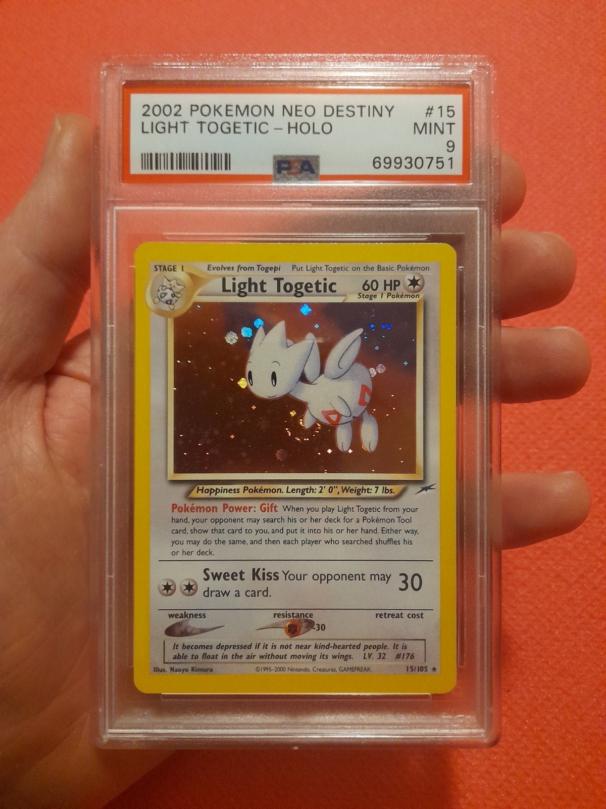 2002 Pokemon Light Togetic HOLO SWIRL Neo Destiny PSA 9 MINT, Hobby en Vrije tijd, Verzenden, Zo goed als nieuw