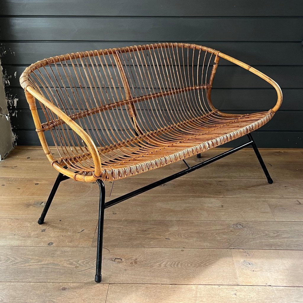 Rohé Noordwolde Rotan Sliedrecht bankje Vintage retro Rotan, Ophalen, Gebruikt, Mid century modern, Minder dan 75 cm