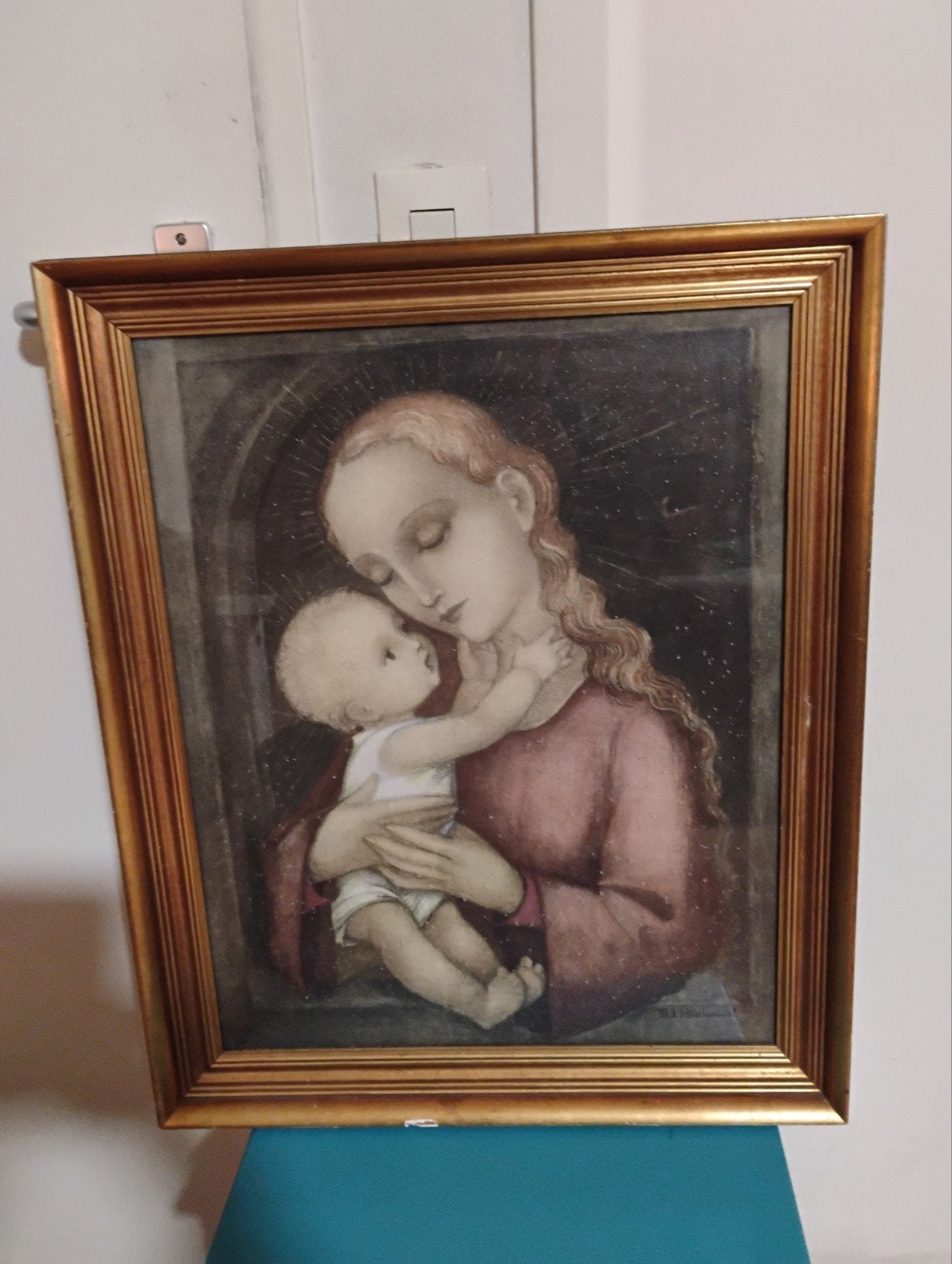 Oud schilderij van Maria met kind in gouden lijst, Antiek en Kunst, Ophalen of Verzenden