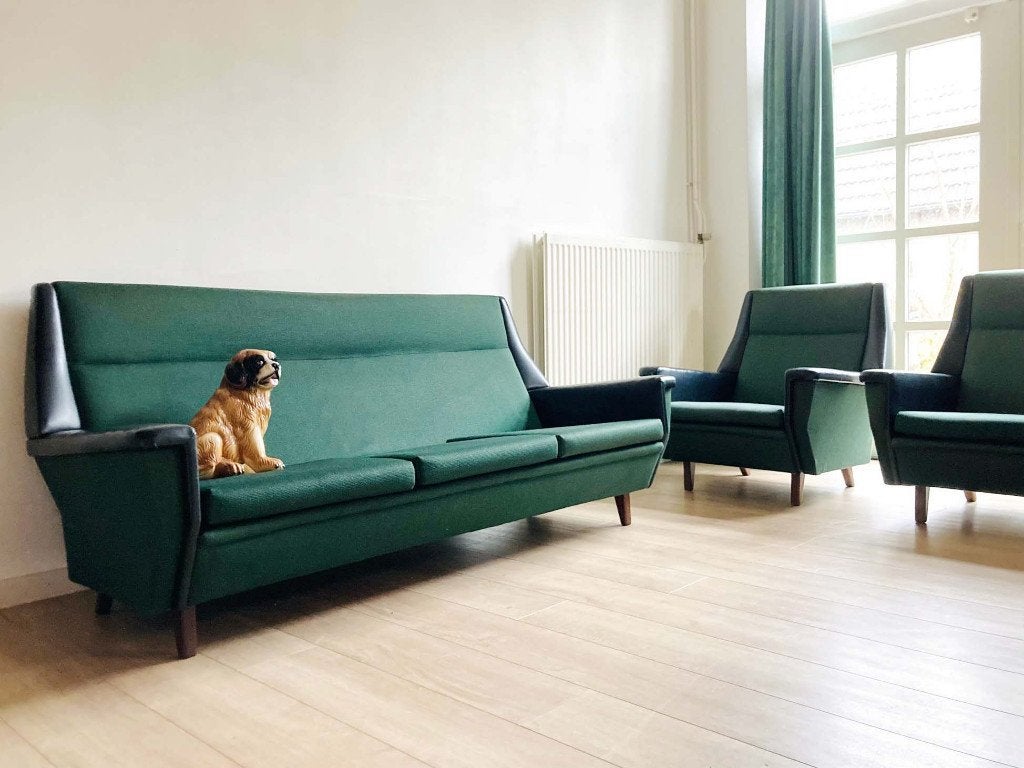 Groene vintage bank met 2 fauteuils. Retro design bankstel, Huis en Inrichting, Banken | Bankstellen, Ophalen, O, Overige maten