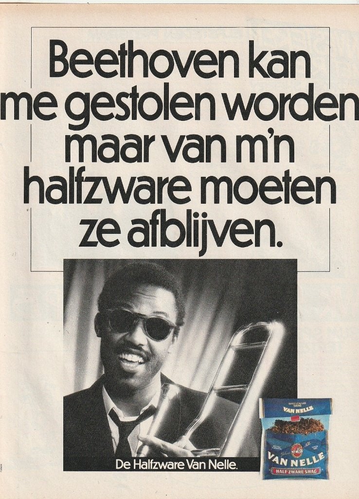Retro reclame 1985 Van Nelle shag muziekinstrument, Verzamelen, Verzenden, Overige typen