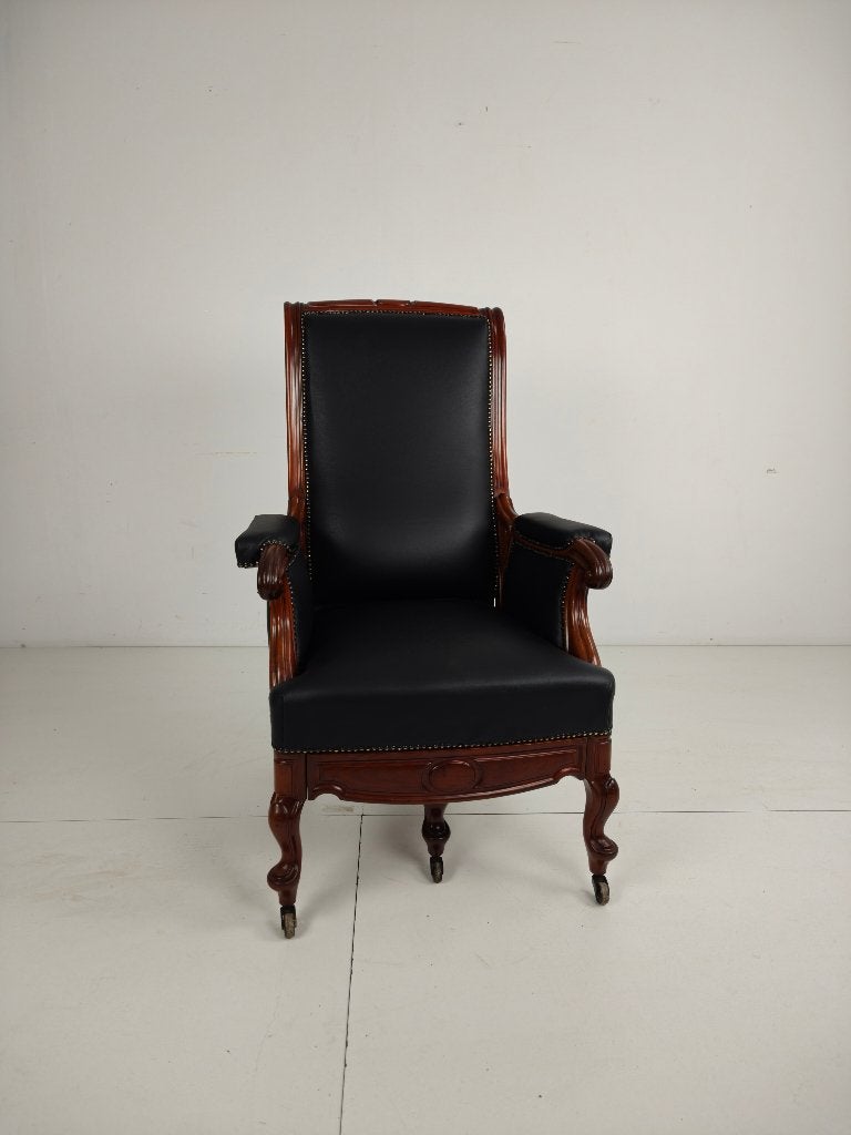 19e-eeuwse antieke bibliotheekstoel van Horrix – zwart leer, Antiek en Kunst, Ophalen of Verzenden