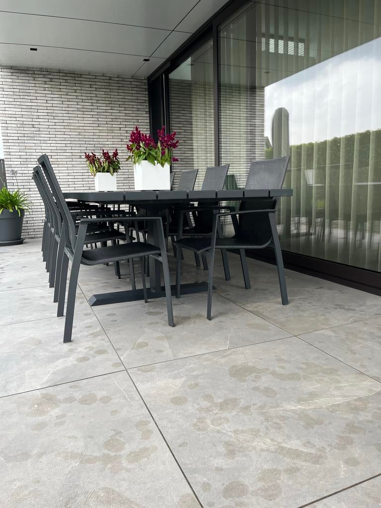 Unieke Aluminium tuintafel met 10 stoelen, Ophalen, Gebruikt, Rechthoekig, Aluminium