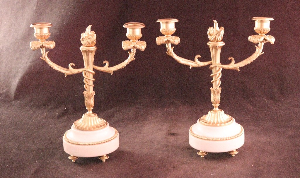 Paar antieke vergulde bronzen kandelaars, Ophalen of Verzenden, Koper of Brons