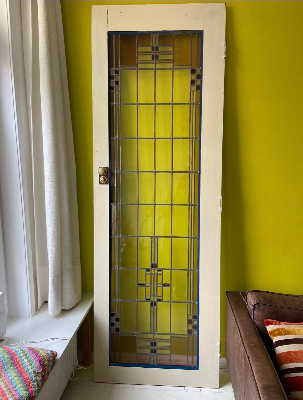Binnendeur met glas in lood, jaren '30 stijl L235xB80,5xD4cm, Ophalen, Gebruikt, 80 tot 100 cm, Binnendeur