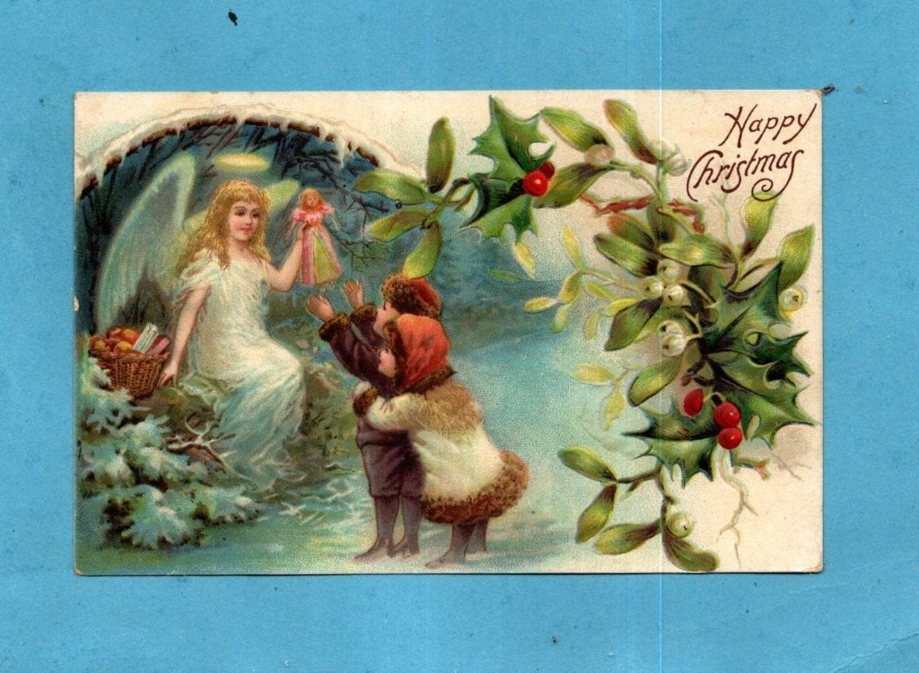 Mooie oude kerstkaart W103 - Engeltje schenkt popje/kinderen, Verzenden, Voor 1920, Ongelopen, Kinderen